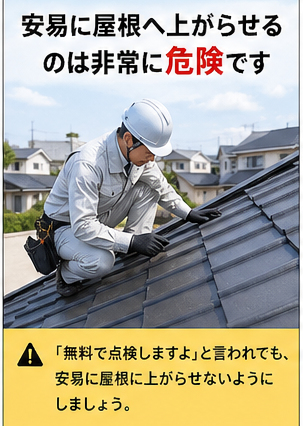 悪質な訪問業者は、次のような流れで契約を迫ってきます。  ① 不安をあおる訪問トーク  「近くで工事していたら、お宅の屋根が壊れているのが見えました」  → 突然の一言で不安を煽ります