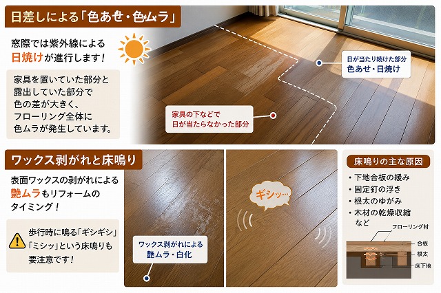 日差しと劣化したフローリングの問題