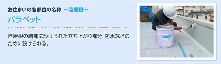 陸屋根の各部位　パラペット：陸屋根の端部に設けられた立ち上がり部分