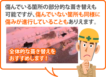 傷んでいる箇所の部分的な葺き替えも可能ですが、傷んでいない箇所も同様に傷みが進行していることもありえます。全体的な葺き替えをおすすめします！