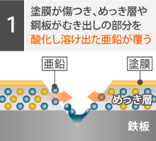 塗膜が傷つき、めっき層や鋼板がむき出しの部分を酸化し溶け出た亜鉛が覆います