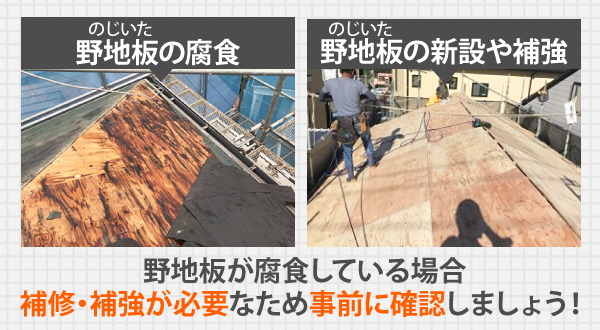 野地板が腐食している場合、補修・補強が必要なため事前に確認しましょう！