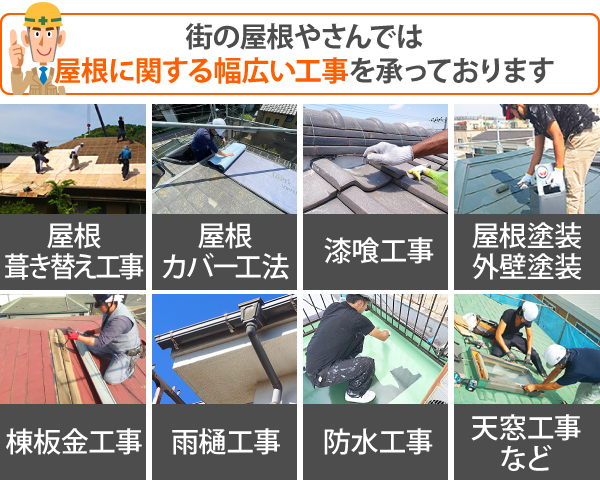 街の屋根やさんでは、屋根葺き替え工事、屋根カバー工法、漆喰工事、屋根塗装・外壁塗装、棟板金工事、雨樋工事、防水工事、天窓工事など、屋根に関する幅広い工事を承っております